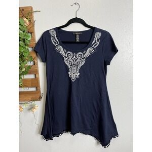 Style & Co Blouse Woman XS Blue/White Tassels Embroidered Tunic Shirt